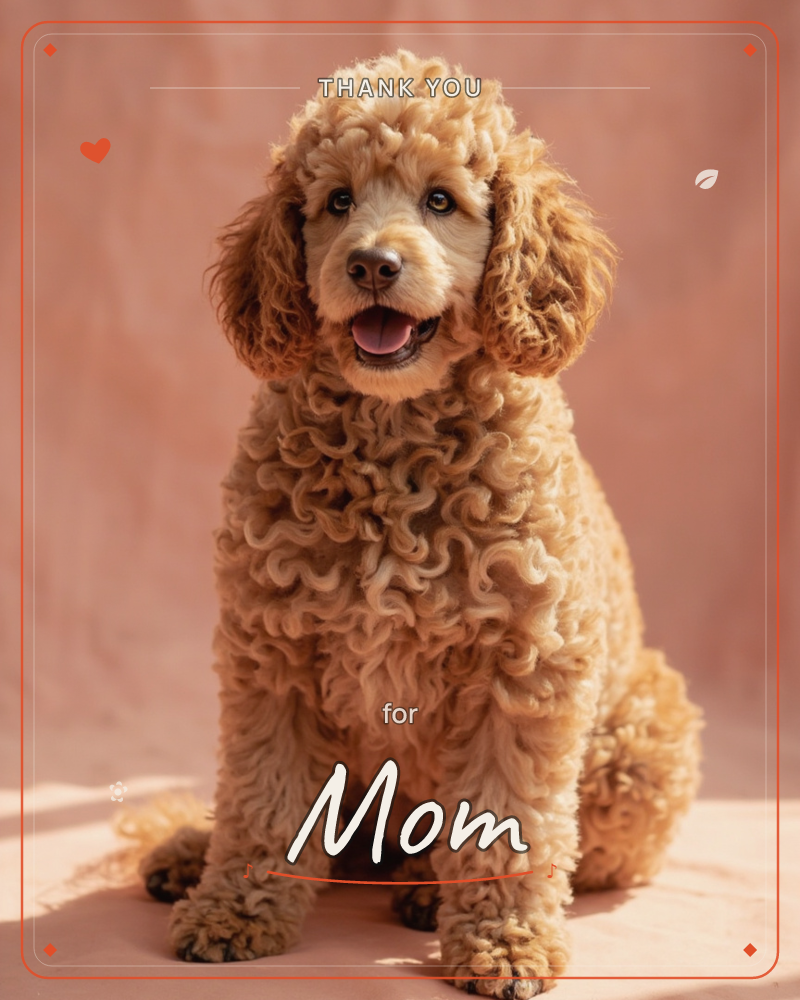 A curly-coated apricot poodle sits front and centre against a warm, softly draped peach backdrop, mouth open in a happy pant, a thankyou e-card design