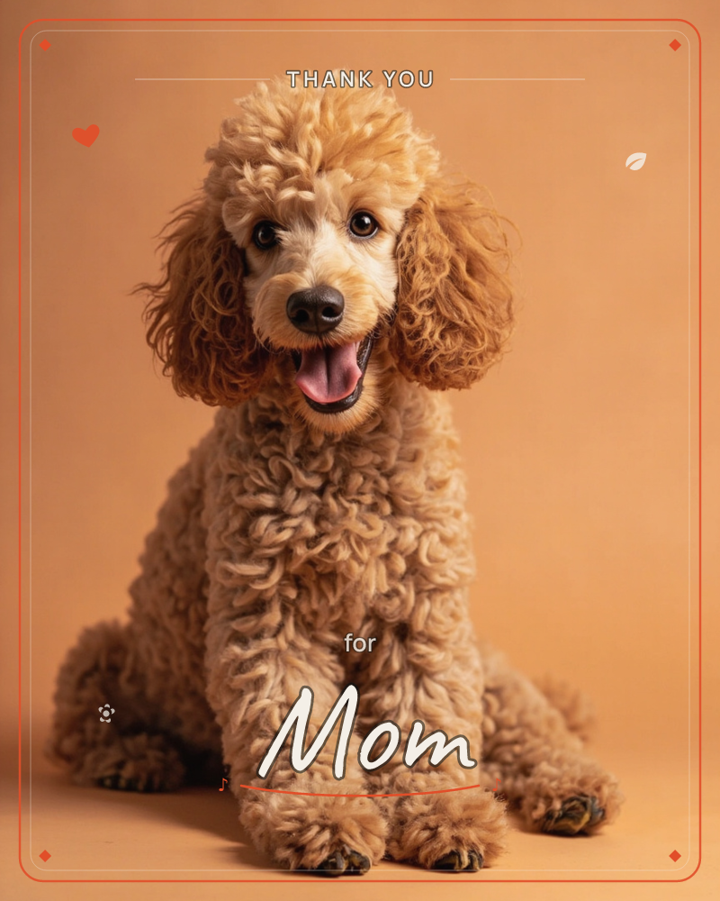 A curly-coated apricot poodle sits facing forward against a warm terracotta backdrop, mouth open in a happy pant and dark eyes bright with attention, a thankyou e-card design
