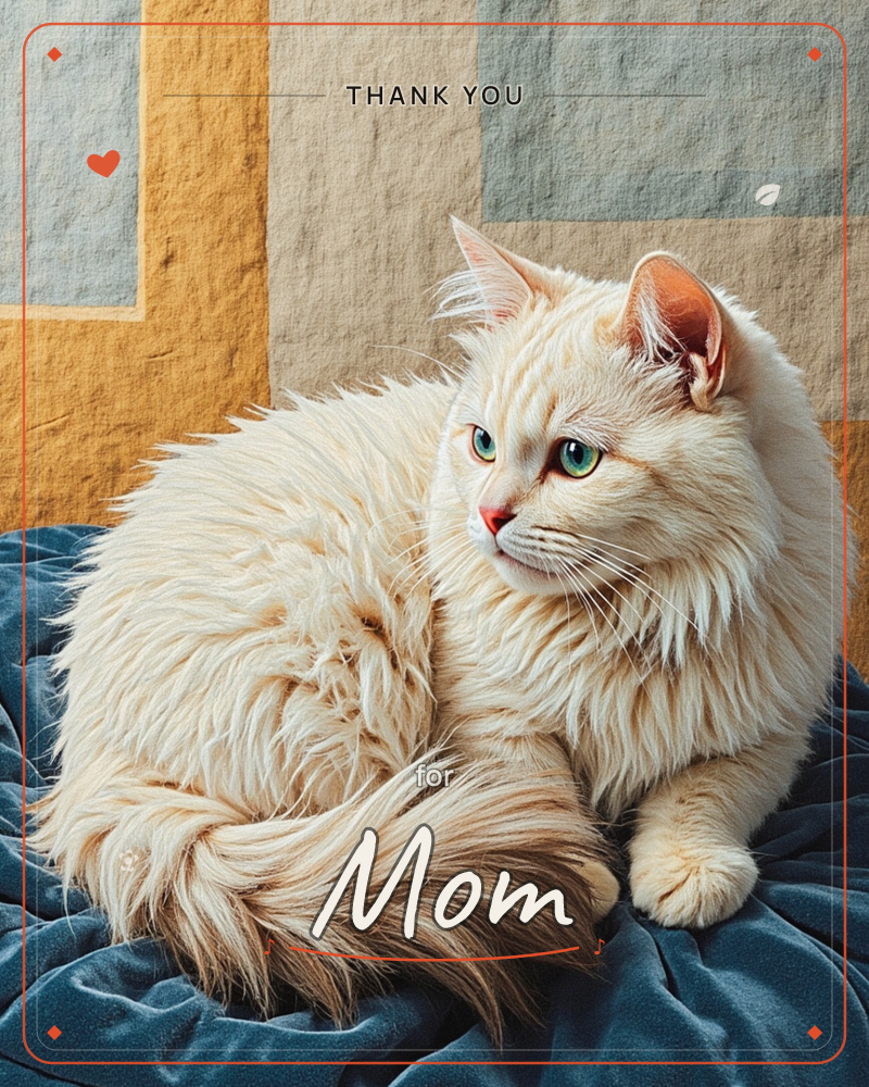 A fluffy cream-coloured cat curls into a loaf shape on a deep teal velvet blanket, its green eyes glancing sideways toward the viewer, a thankyou e-card design