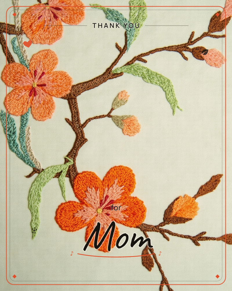 A flowering branch is rendered in embroidery on pale cream fabric, its brown stitched stems reaching across the frame with orange blossoms in full…, a thankyou e-card design