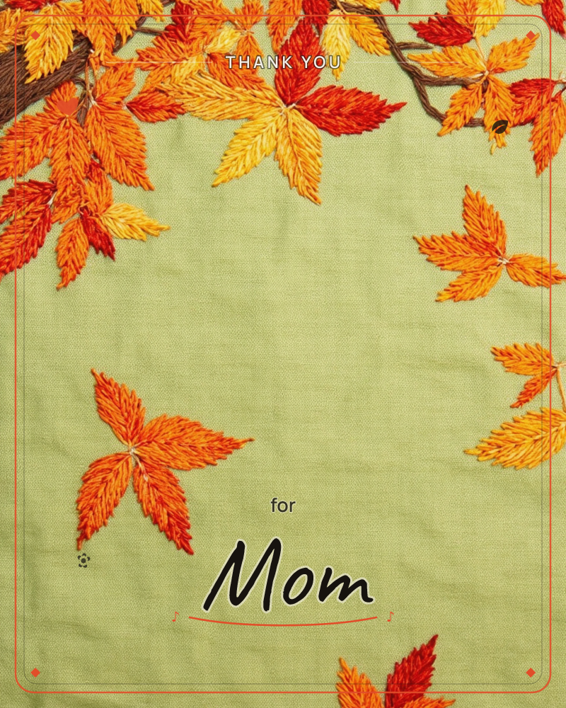An embroidered branch of maple leaves stretches across the top of a sage-green linen background, stitched in rich threads of orange, gold and rust, a thankyou e-card design