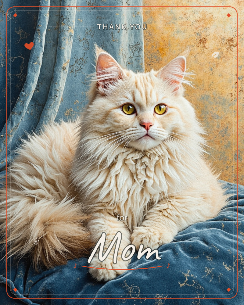 A long-haired cream cat lies regally on a slate-blue velvet cushion, its thick fur fanned out like a mane, paws tucked neatly in front, a thankyou e-card design