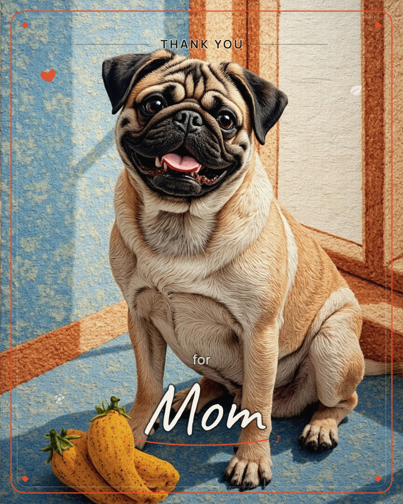 A cheerful pug sits on a blue tiled floor, mouth open in a happy pant, beside two ripe bananas, a thankyou e-card design
