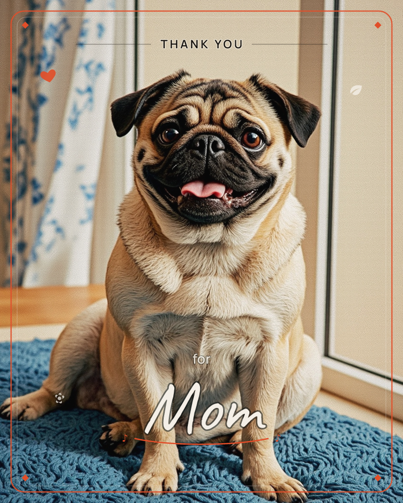 A cheerful fawn pug sits on a blue knitted blanket beside a sunny window, tongue out and eyes bright with a big grin, a thankyou e-card design