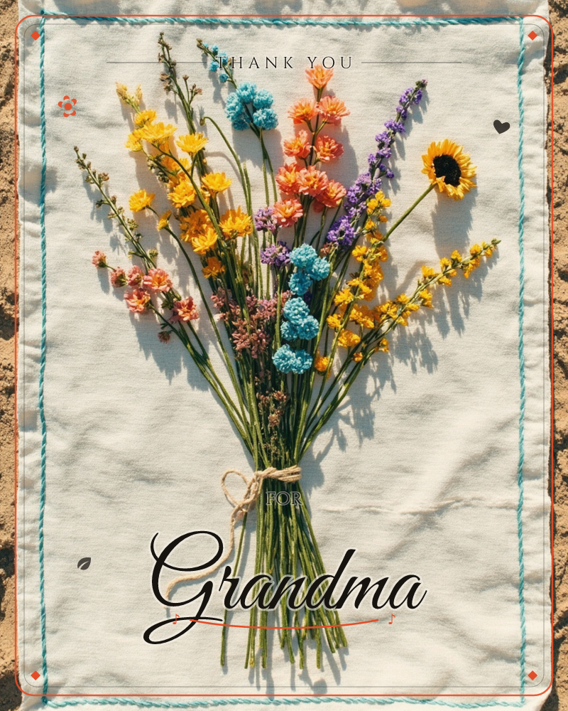 A hand-tied bouquet of dried wildflowers lies on a piece of cream linen stitched with a teal border, photographed outdoors in bright sunlight, a thankyou e-card design