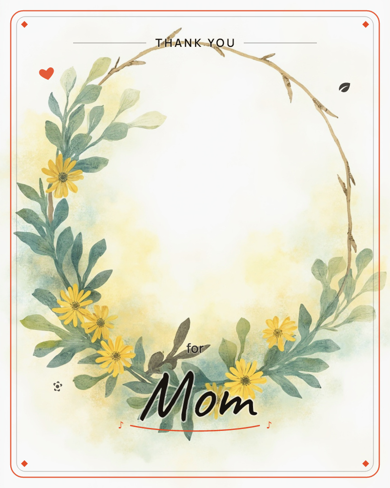 A round wreath of slender green leaves and small yellow daisies loops around a bare twig branch, left open at the top like a circle not quite closed, a thankyou e-card design