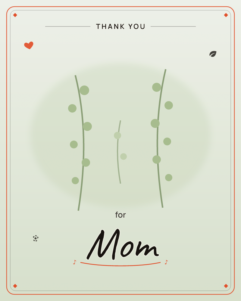 A quiet, minimalist card shows three slender green stems rising side by side, each dotted with round berry-like buds of varying sizes, a thankyou e-card design by @DittyCityTeam