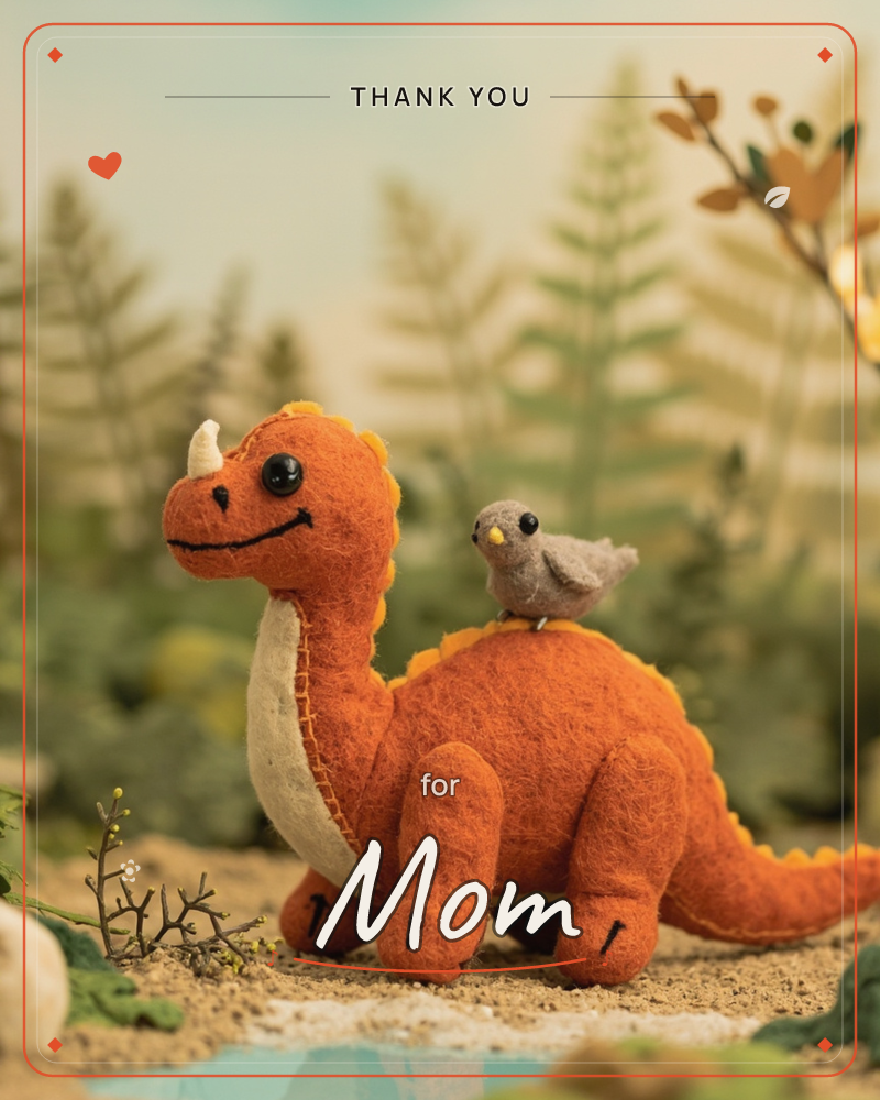 A felt toy dinosaur with a small horn and a friendly stitched smile stands in a miniature prehistoric landscape, its cream underbelly and orange body…, a thankyou e-card design