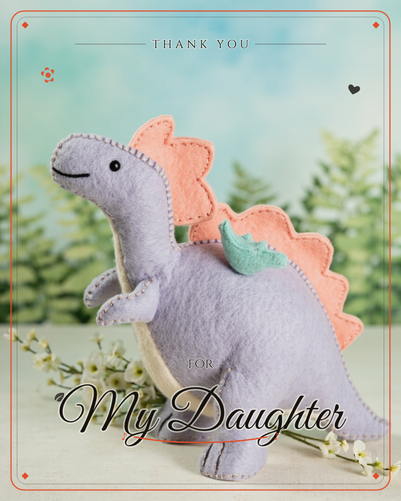 A handmade felt stegosaurus in soft lavender stands with a cheerful hand-stitched smile, its coral-orange back plates and a small mint-green leaf…, a thankyou e-card design