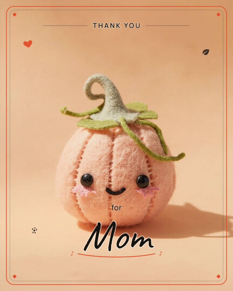 A handmade felt pumpkin sits against a soft peach backdrop, its stitched seams and curling sage-green stem giving it a cozy, tactile charm, a thankyou e-card design