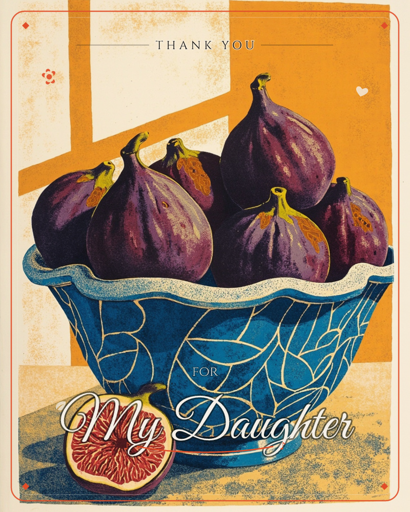 A blue crackle-glazed bowl overflows with deep purple figs, painted in bold graphic blocks of orange and cream that suggest a sunlit windowsill, a thankyou e-card design