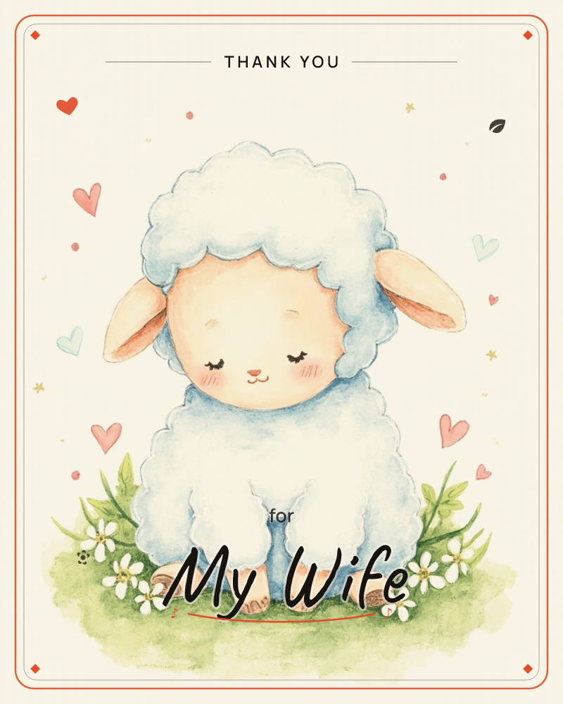 A round, fluffy little lamb sits on a patch of grass with its eyes closed and cheeks blushed pink, tucked among small white daisies, a thankyou e-card design
