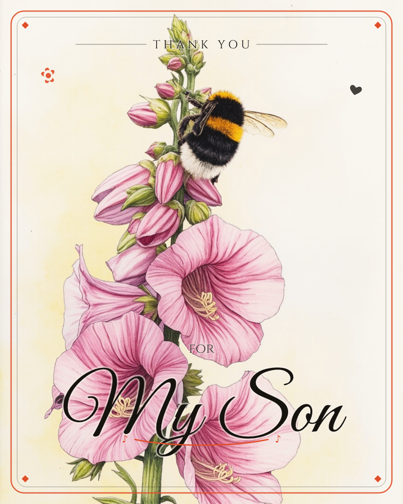 A tall stem of pink hollyhock blooms opens into wide, trumpet-shaped flowers with delicate veining and golden centres, while a plump bumblebee with…, a thankyou e-card design