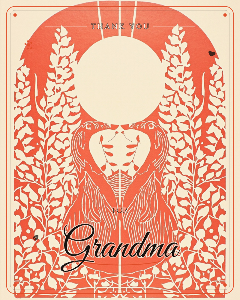 A symmetrical arched design shows two birds facing each other beneath a round pale moon, their long tail feathers merging into a single flame-like…, a thankyou e-card design