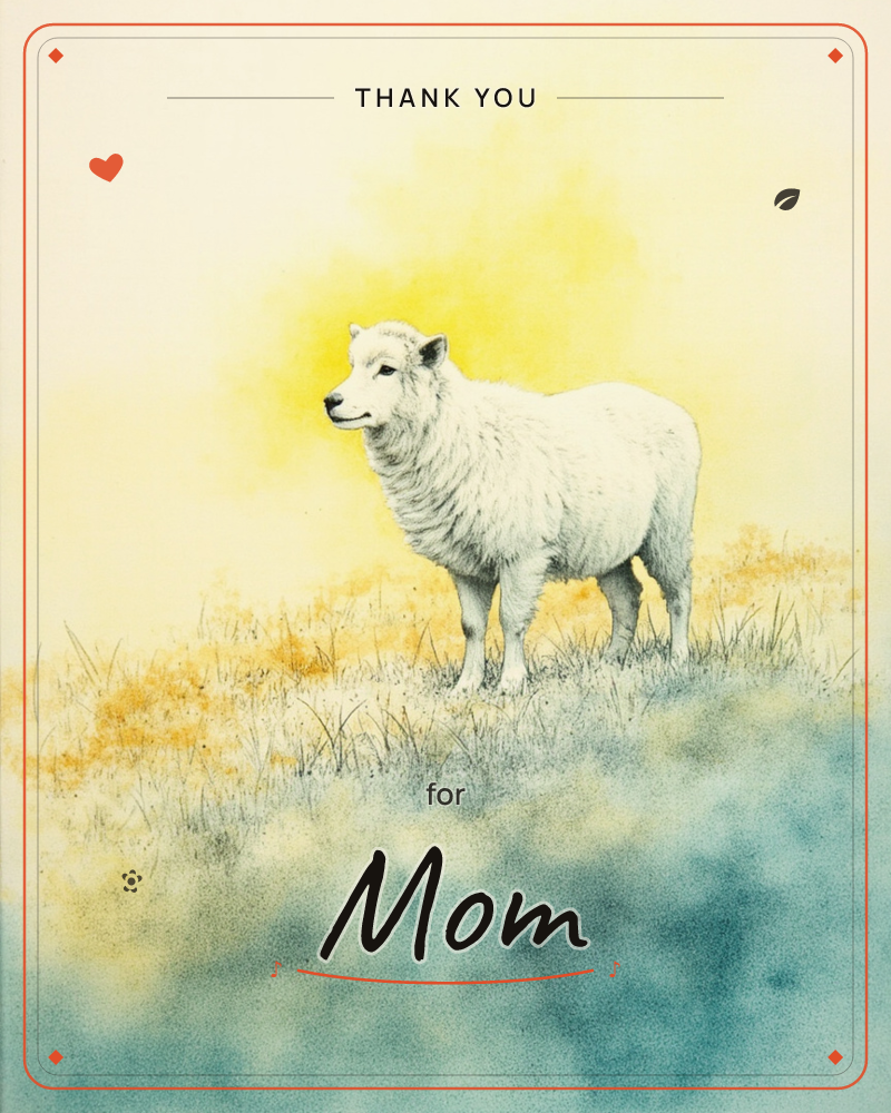 A woolly sheep stands alone on a grassy hillside, rendered in fine pen linework against a soft wash of golden yellow that glows like early morning sun, a thankyou e-card design