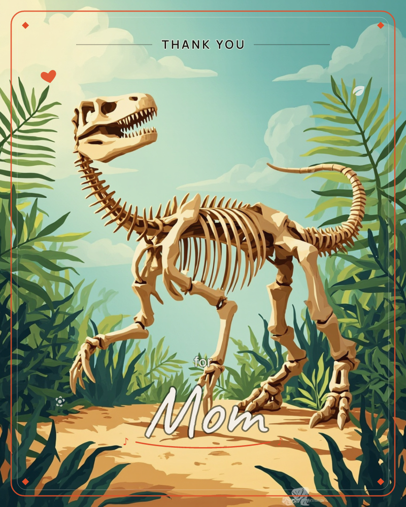 A tan dinosaur skeleton stands mid-stride on a sandy path, its ribcage and skull rendered in crisp bony detail against a bright blue sky with soft clouds, a thankyou e-card design