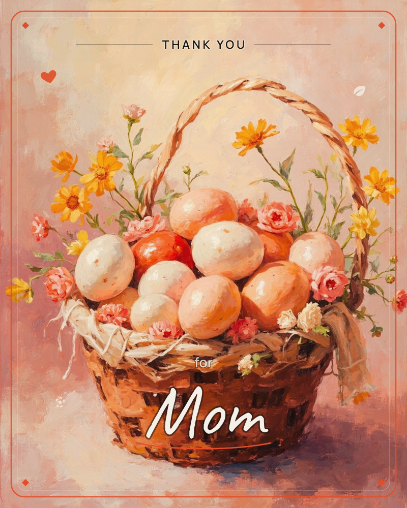 A woven basket brims with pale, softly speckled eggs nestled in golden straw, tucked among sprigs of orange daisies and small pink roses, a thankyou e-card design