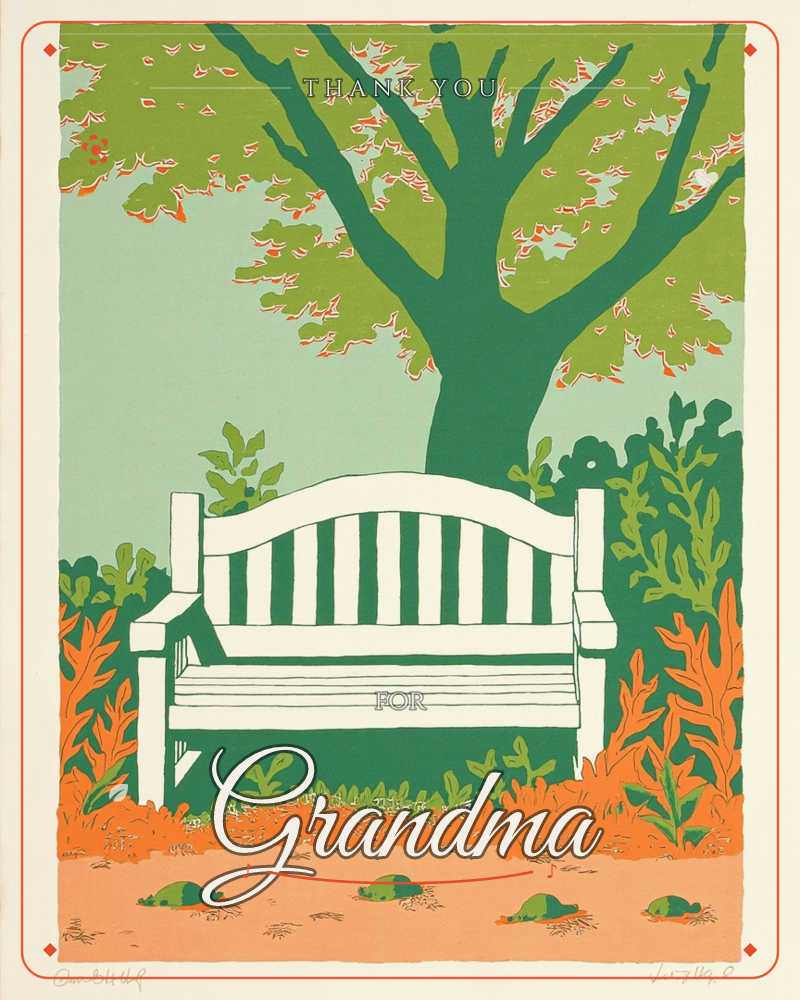 An empty white garden bench sits beneath a broad, leafy tree whose branches spread wide against a pale mint sky, a thankyou e-card design