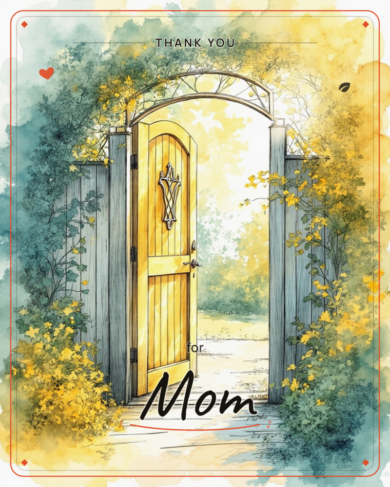 A weathered wooden garden gate stands open beneath an arched trellis, framed by tumbling yellow blossoms and soft green foliage, a thankyou e-card design