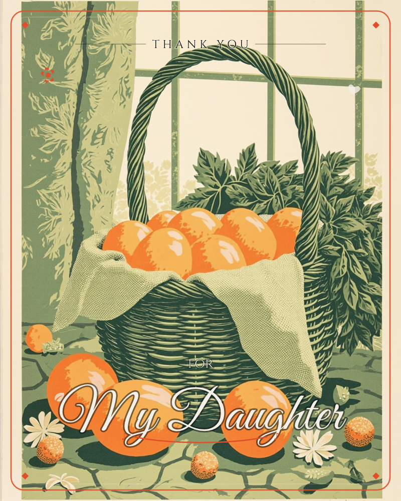 A woven basket brims with plump oranges, lined with a pale green cloth and set before a tall window with a leafy curtain, a thankyou e-card design