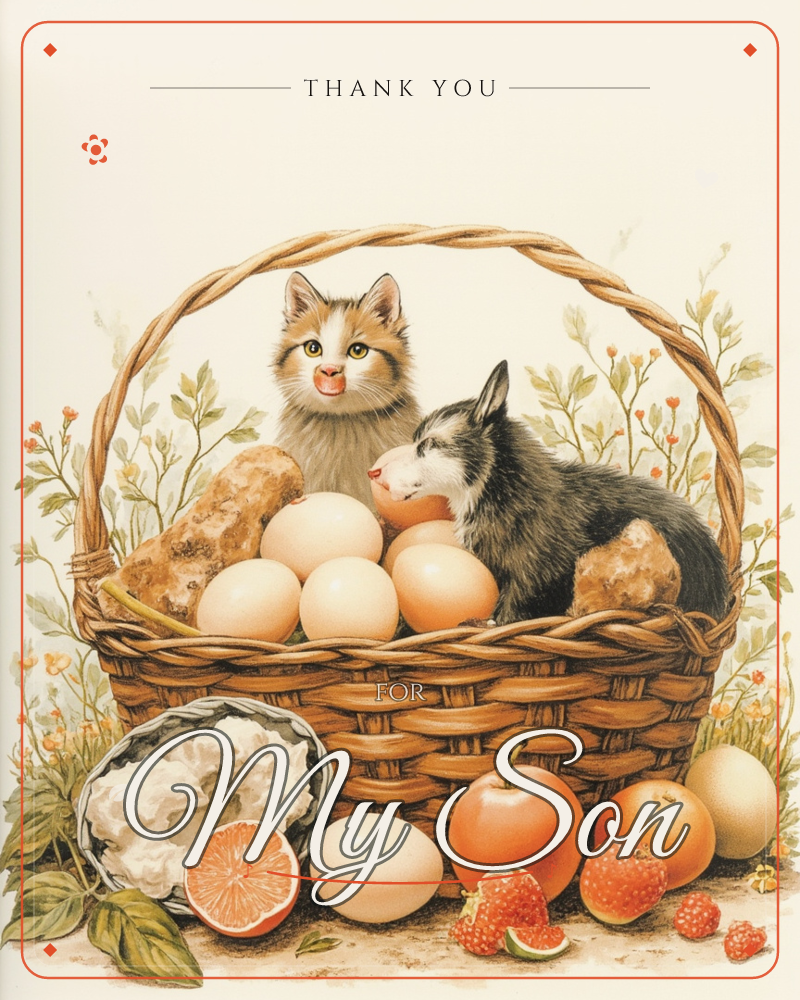 A woven wicker basket holds a curious calico kitten and a sleepy husky puppy nestled among fresh eggs and bread, with fruit and a bundle of cheese…, a thankyou e-card design