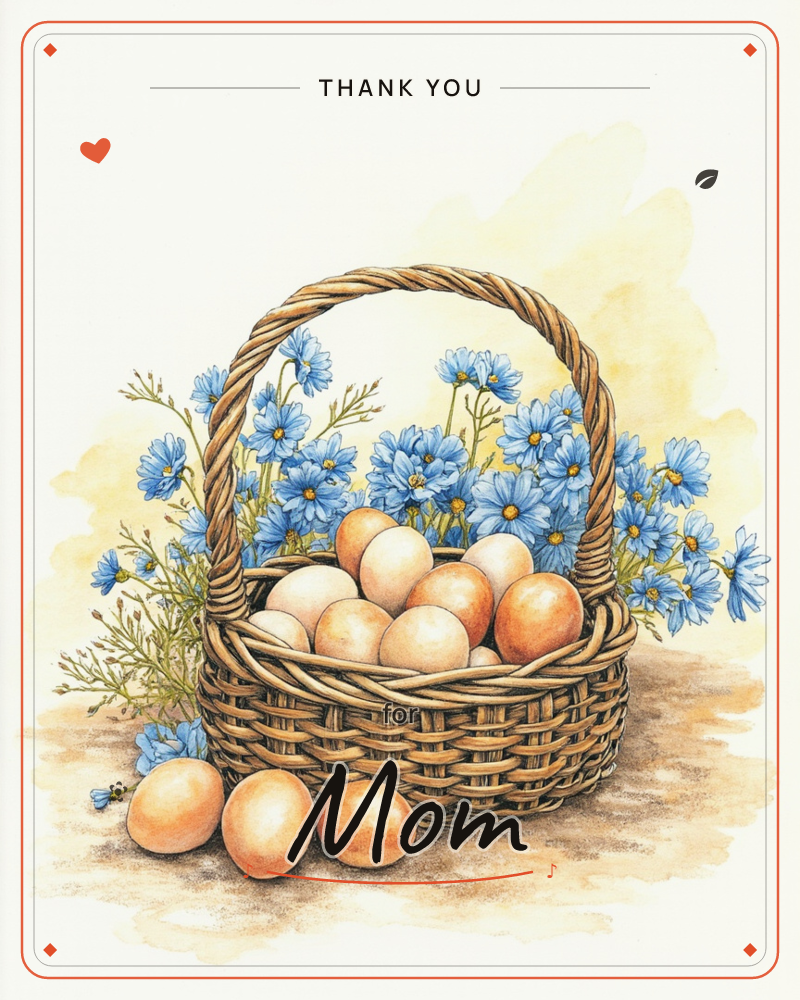 A woven wicker basket sits full of warm brown eggs, tucked among sprays of blue cornflowers with golden centres, a thankyou e-card design