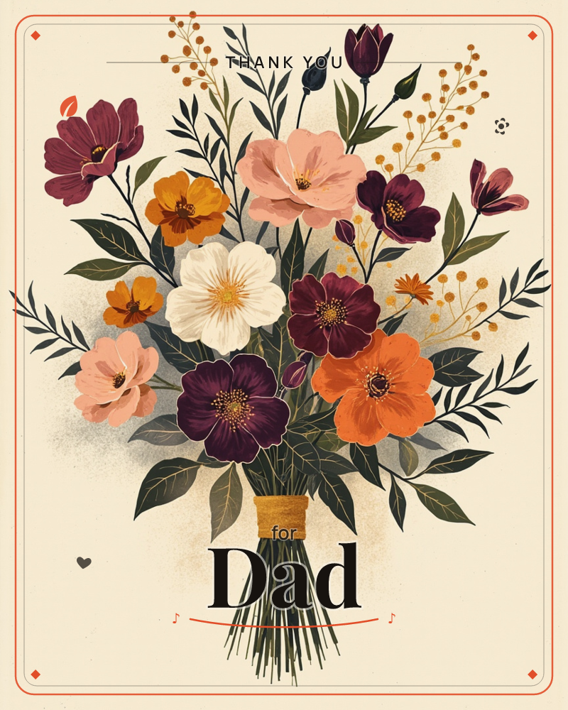 A hand-tied bouquet sits centred on a soft cream background, its stems bound with a twist of mustard twine, a thankyou e-card design