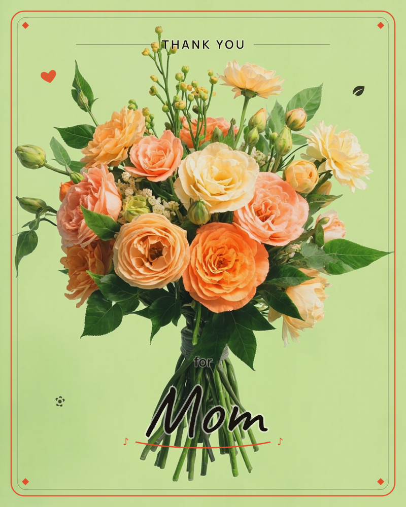 A hand-tied bouquet of peach, apricot and cream garden roses floats against a flat, bright green background, its stems bundled and trimmed clean at the…, a thankyou e-card design