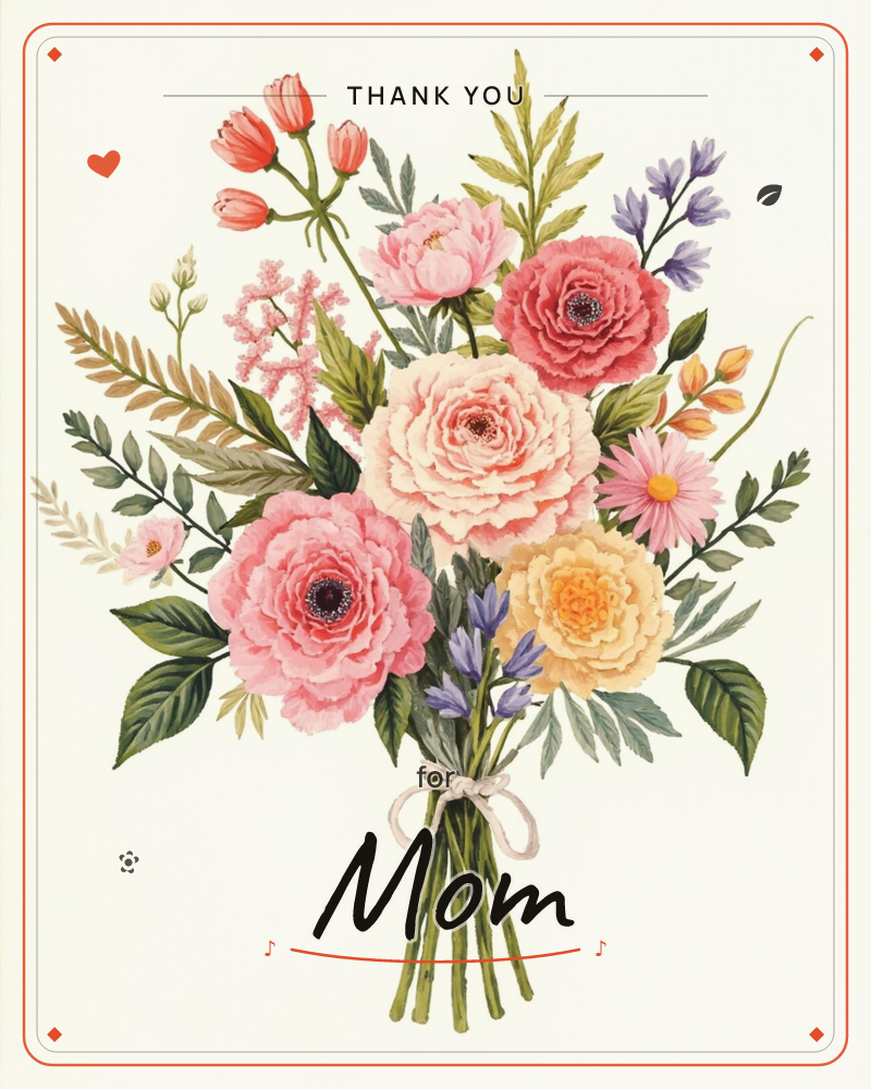 A hand-tied bouquet of full-bloom roses and peonies in blush, coral and butter yellow sits at the centre, surrounded by sprigs of purple bellflower…, a thankyou e-card design