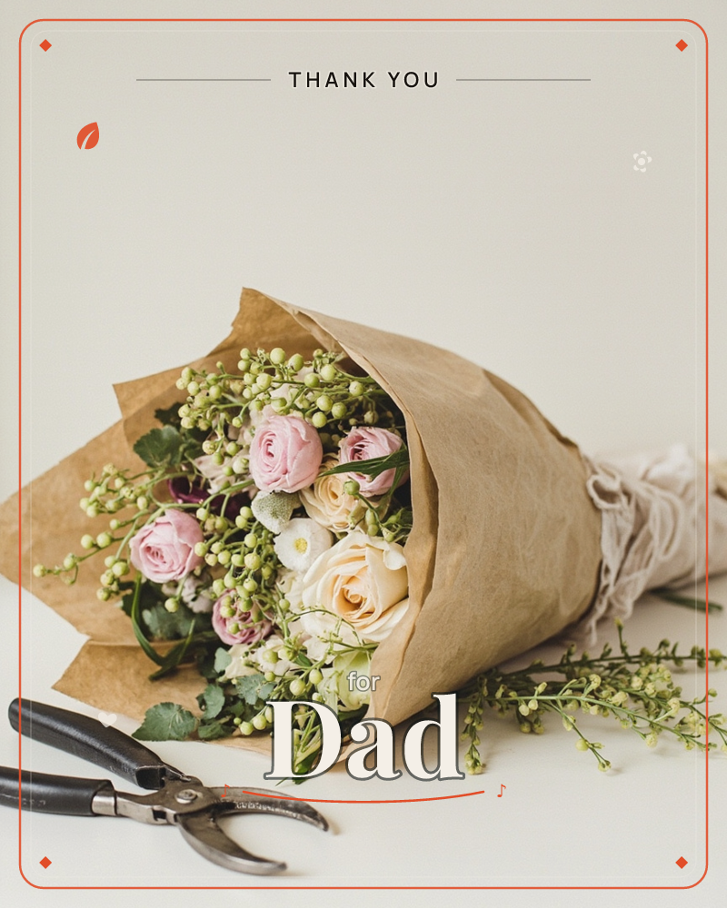 A hand-tied bouquet of pink and cream roses with green berry sprigs rests wrapped in brown kraft paper, laid diagonally across a plain surface, a thankyou e-card design