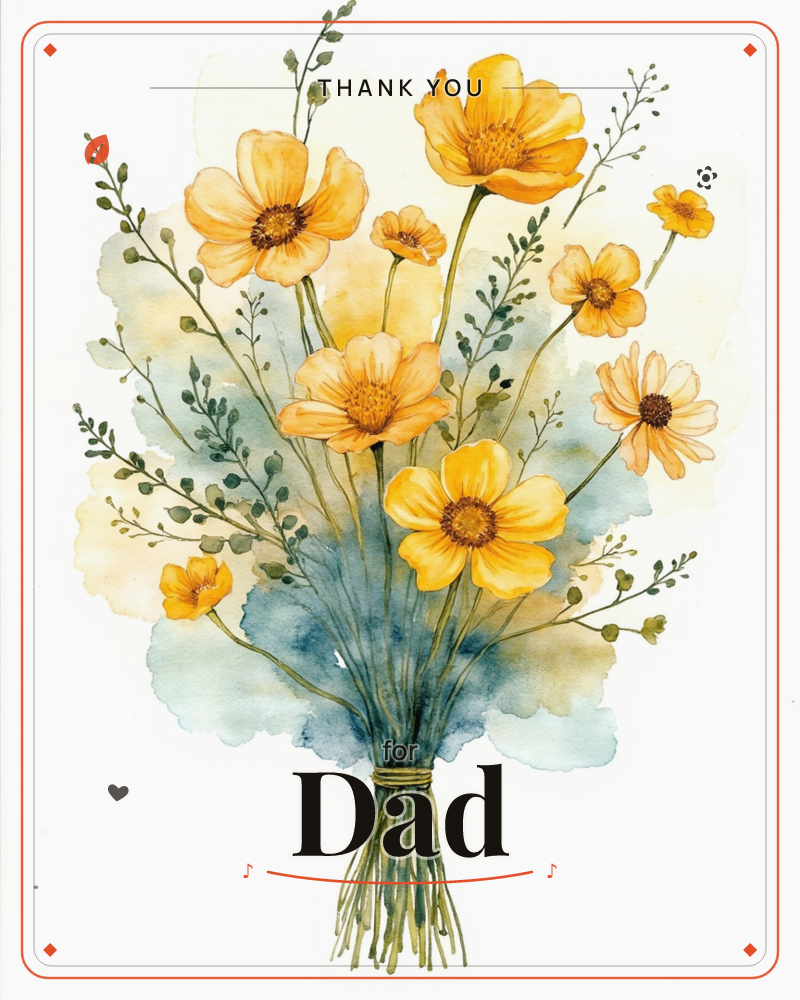A hand-tied bouquet of golden-yellow wildflowers and cosmos blooms stands against a soft wash of blue and cream watercolour clouds, its stems gathered…, a thankyou e-card design
