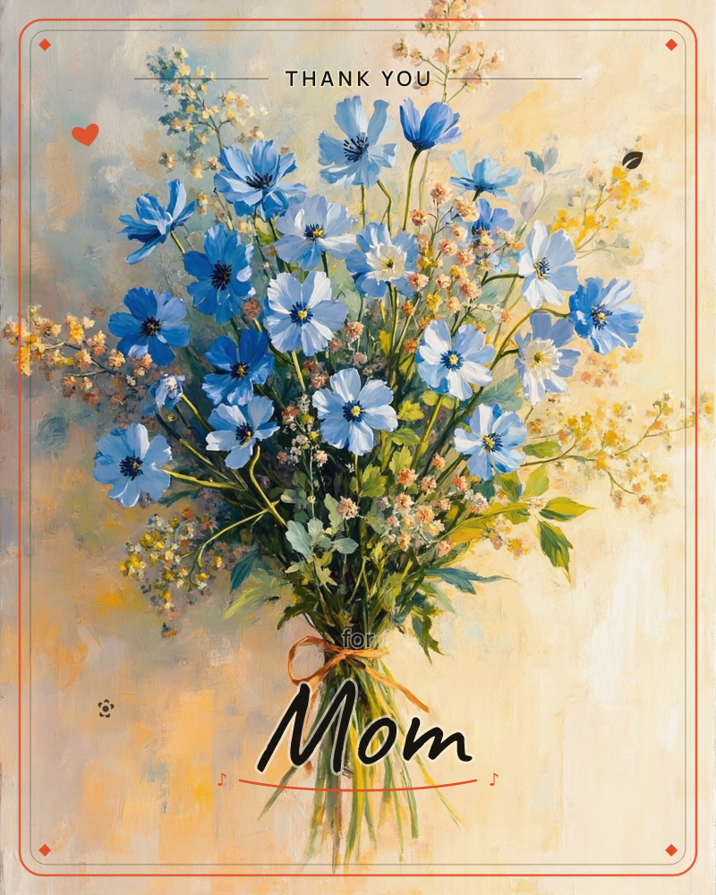 A hand-tied bouquet of blue cosmos flowers stands against a soft, sun-washed backdrop of cream and gold, a thankyou e-card design