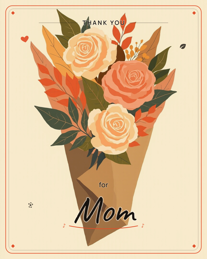 A hand-wrapped bouquet of three roses in cream and coral tones stands upright against a soft yellow background, tucked into folded kraft paper, a thankyou e-card design