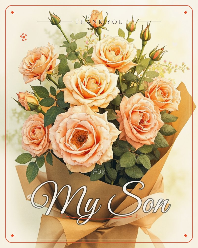 A lush bouquet of full-bloomed peach and apricot roses, wrapped in warm brown kraft paper and tied with a wide satin bow, sits against a soft pale…, a thankyou e-card design