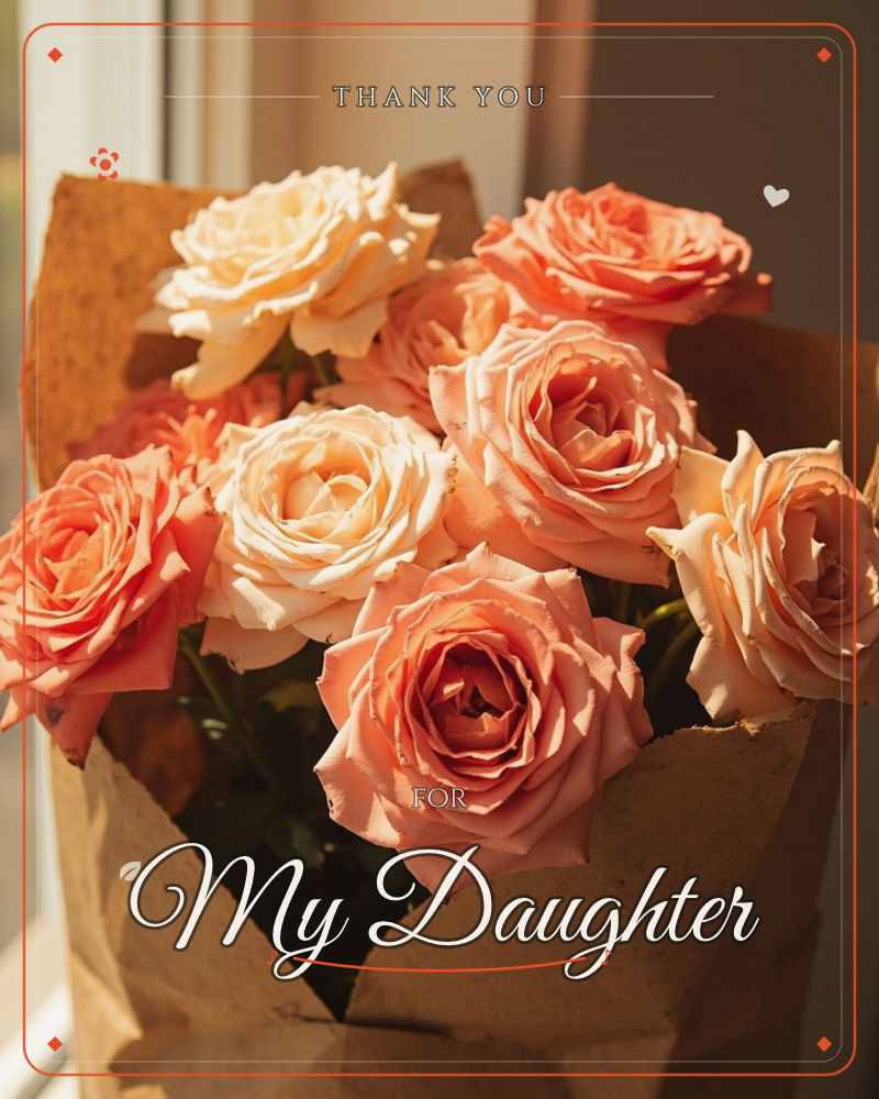 A bouquet of roses in shades of peach, cream, and coral sits wrapped in kraft paper by a sunlit window, a thankyou e-card design