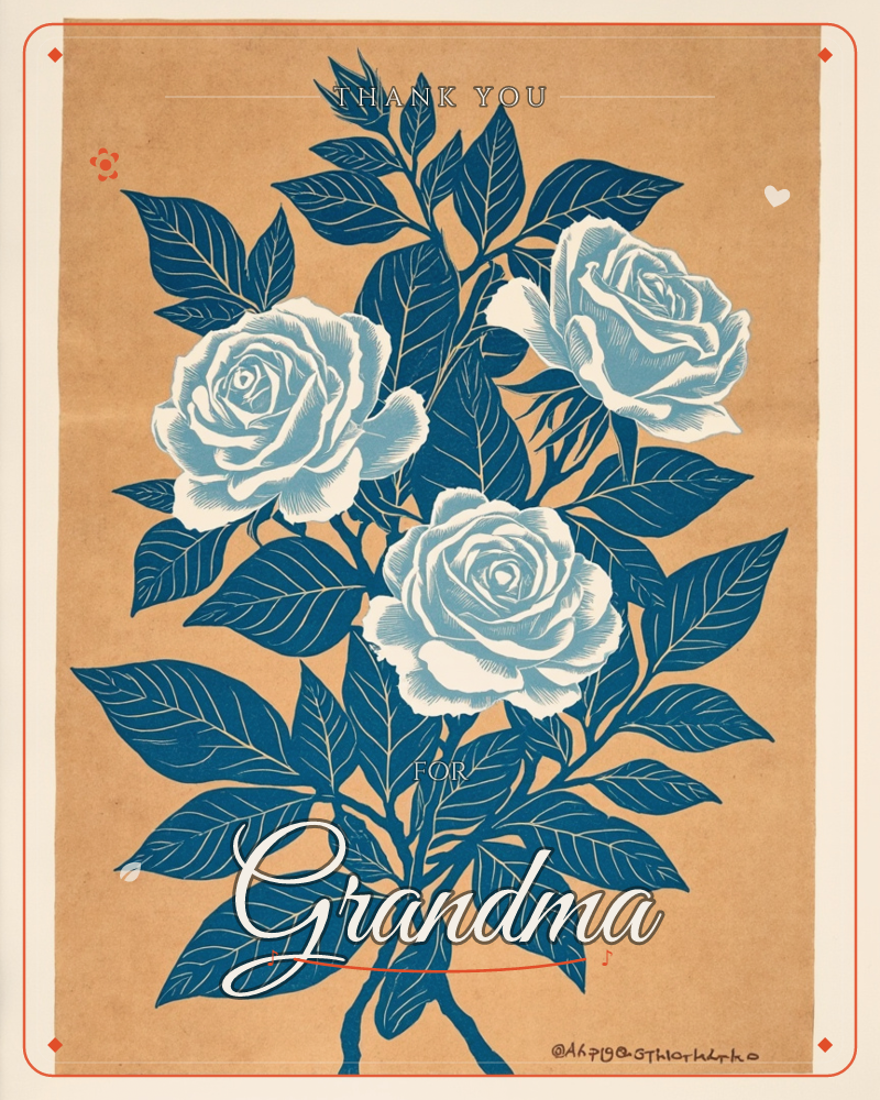 A cluster of three full-bloom roses rendered in pale blue-white sits among deep navy leaves and branches, printed on a warm tan paper background, a thankyou e-card design