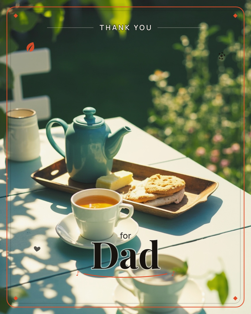 A pale garden table is dappled with afternoon shade, holding a duck-egg blue teapot, a filled teacup catching the light, and a scone with butter on a…, a thankyou e-card design