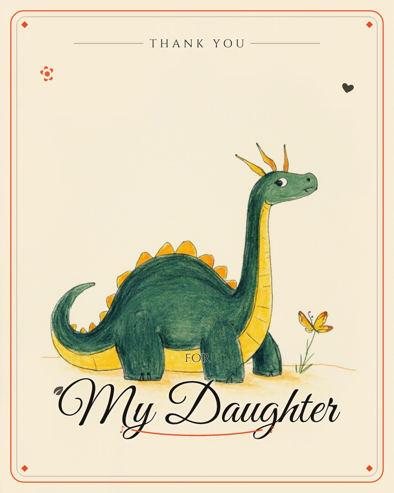A friendly green long-necked dinosaur with a yellow underbelly and spiked back stands on a plain cream background, gazing curiously at a small orange…, a thankyou e-card design