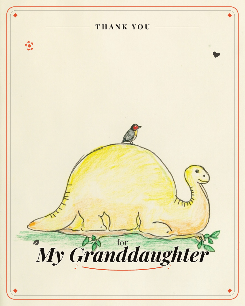 A soft yellow long-necked dinosaur stands on a scrubby patch of green leaves, its rounded back curving up into a gentle hump, a thankyou e-card design