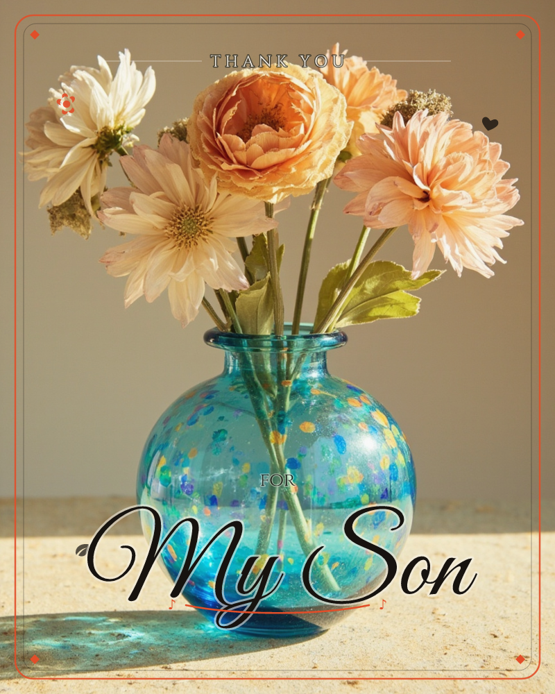 A round turquoise glass vase, speckled with flecks of yellow, blue and green, holds a loose bunch of peach roses and pale dahlias against a warm beige…, a thankyou e-card design