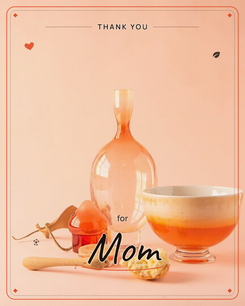 A softly lit still life on a peach-toned backdrop shows a tall amber glass decanter, a glazed ceramic bowl fading from cream to burnt orange, and a…, a thankyou e-card design