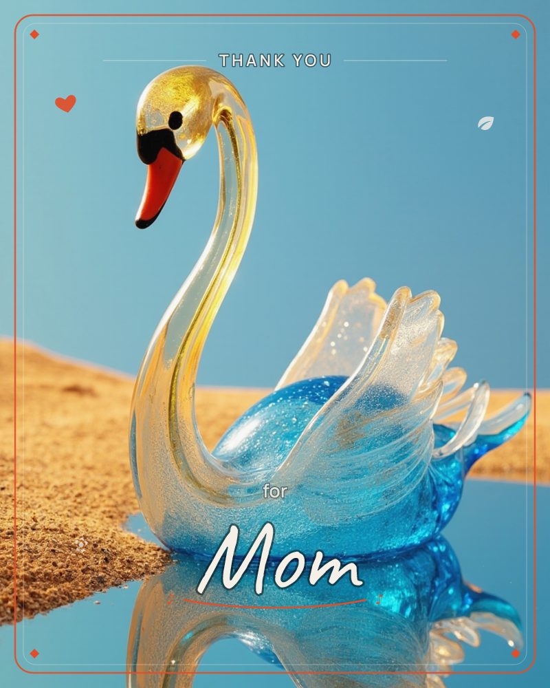 A glass swan figurine, its body swirled with gold and glittering blue, floats on a mirror-still pool beside a sandy dune under a flat sky-blue backdrop, a thankyou e-card design