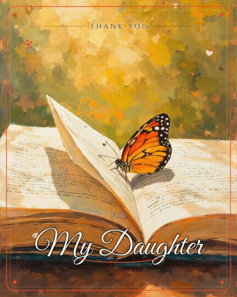 An open book rests on a dark wooden table, its pages catching warm sunlight while a monarch butterfly perches on the crease between them, a thankyou e-card design