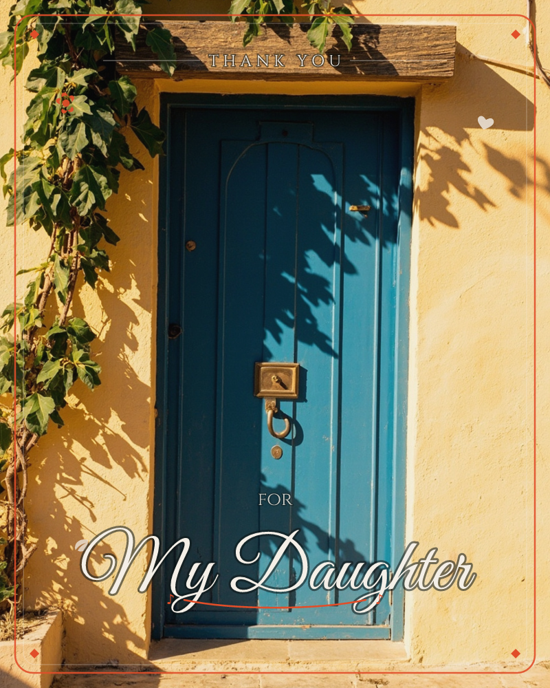 A weathered blue door sits framed in a sun-warmed ochre wall, an old wooden lintel overhead trailing dense ivy down one side, a thankyou e-card design