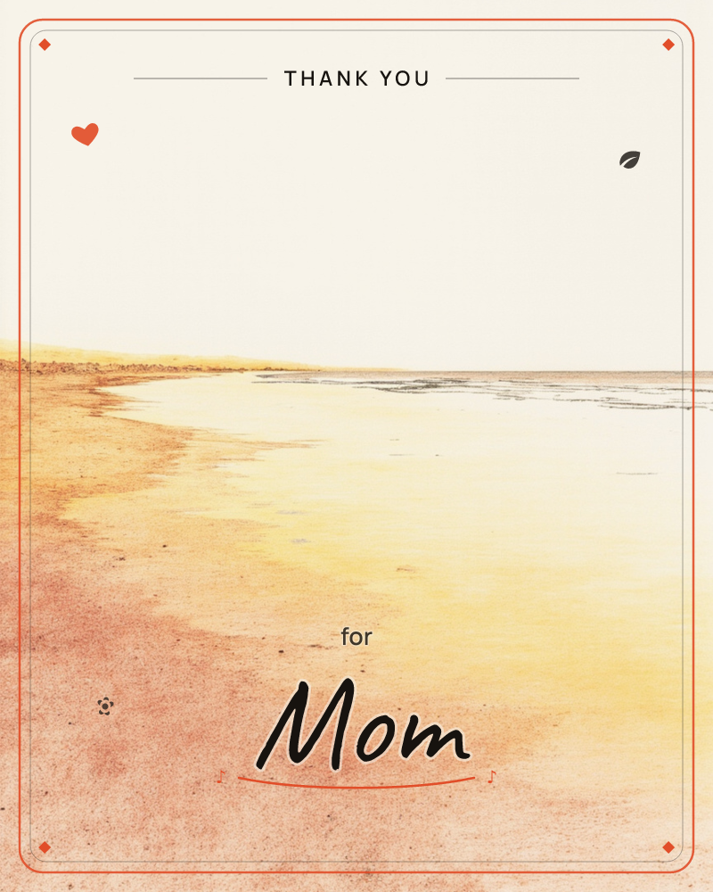 A wide, empty beach curves gently along a pale sea under a hazy, sunlit sky, a thankyou e-card design