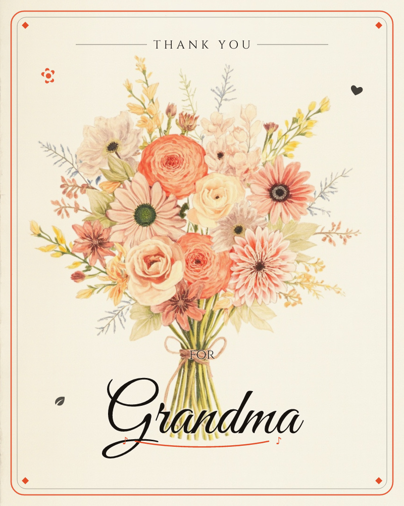 A hand-tied bouquet of ranunculus, dahlias, daisies and sprigs of wildflowers sits centered on a soft cream background, its stems gathered with a pale…, a thankyou e-card design