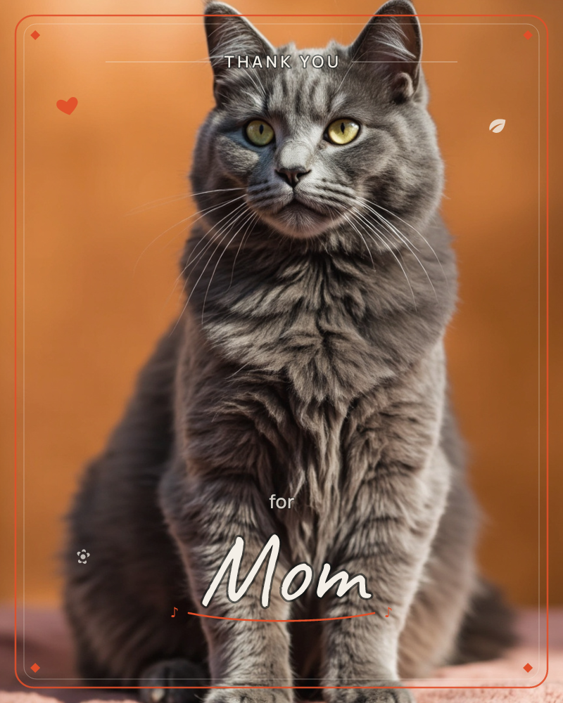 A close-up photograph of a grey long-haired cat sitting upright and facing forward, its green-gold eyes fixed on the camera, a thankyou e-card design
