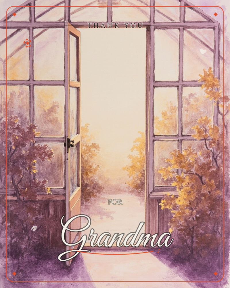 A glass-paned conservatory door stands open onto a glowing pathway, framed by mauve-toned foliage and trees turning autumn gold, a thankyou e-card design