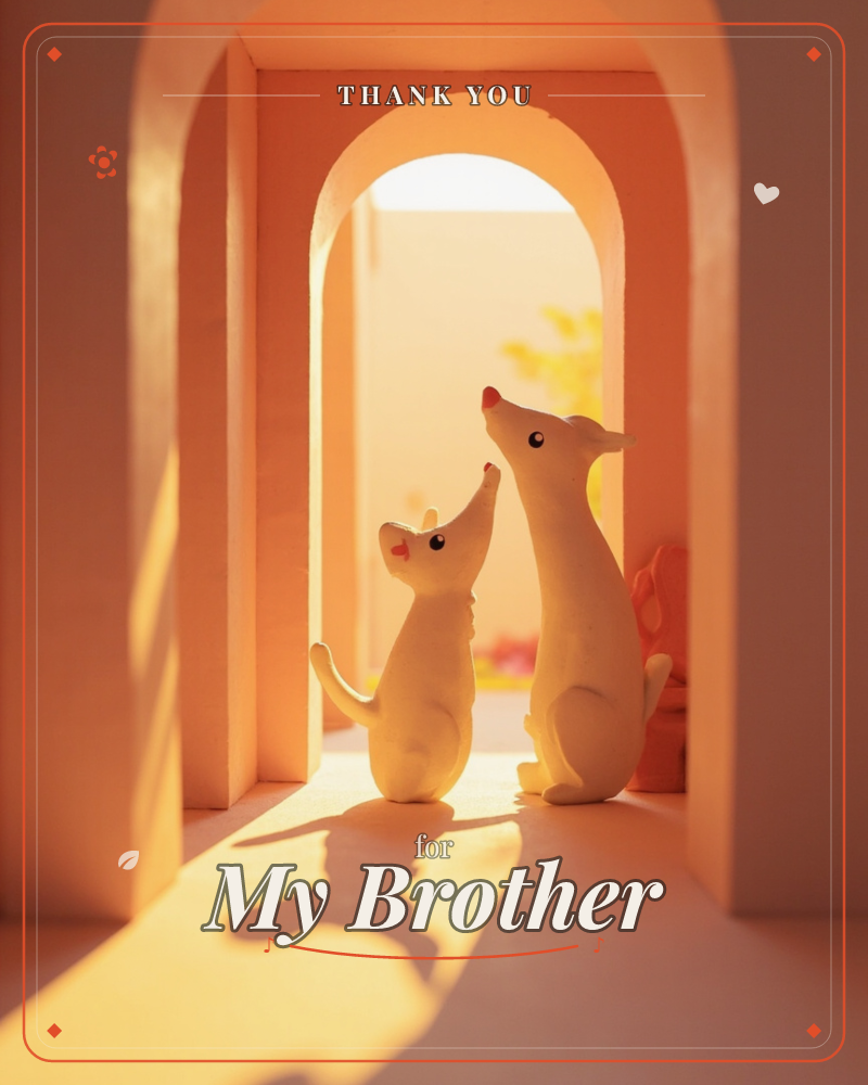 Two claylike fox figures stand nose to nose beneath a row of nested archways bathed in warm sunset light, their long shadows stretching across the pale…, a thankyou e-card design