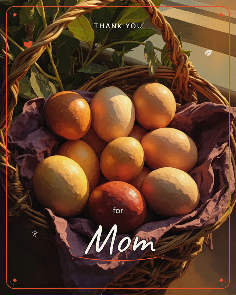 A woven wicker basket sits by a sunlit window, its handle tangled with fresh green leaves, holding a nest of naturally dyed eggs in warm gold, russet…, a thankyou e-card design